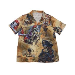 Misslook Men's XL Shirt Skeleton Pirate Button Up Short Sleeve Cotton Blend